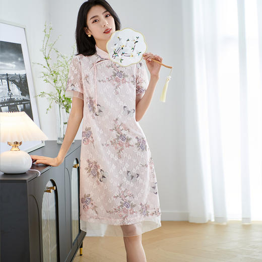 剩S/M 米思阳【新中式旗袍】2025夏季中国风蕾丝印花裙显瘦连衣裙2231 商品图4