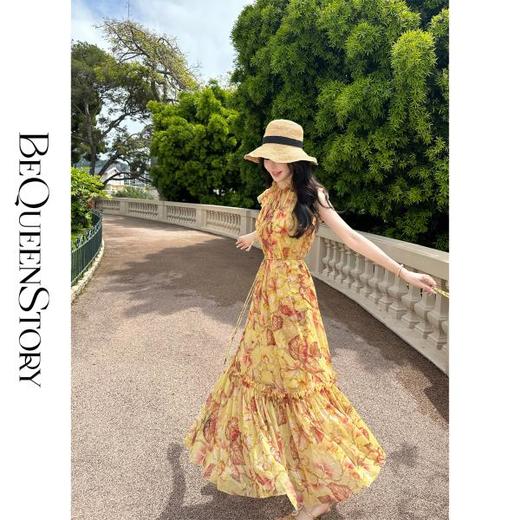 BeQueenStory【敦煌绝恋】轻盈透气夏日荷叶V领小飘袖宽松连衣裙 商品图0