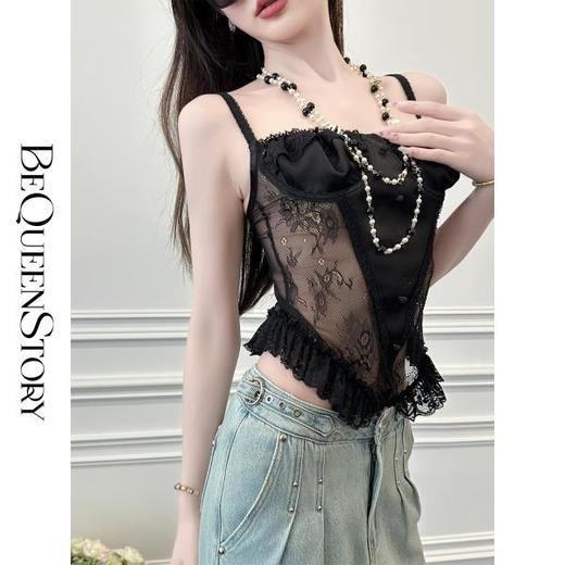 BeQueenStory【魅惑女王】黑色弹力蕾丝拼接缎面连裆小上衣 商品图3