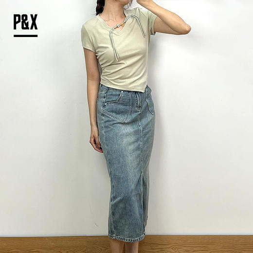 P&X设计师女装夏季显瘦H型开叉牛仔半身长裙 824207692 蓝色 商品图2