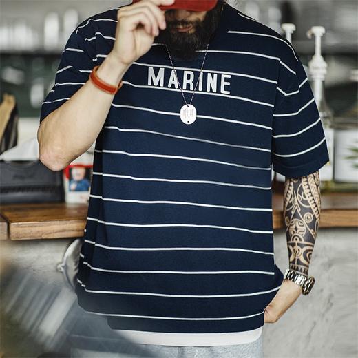 马登工装 美式复古撞色条纹短袖T恤字母印花半袖海魂衫体恤男夏季 商品图4