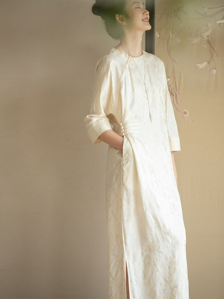 牧衣游原创 柞蚕丝混纺提花连衣裙女夏禅意古朴宽松气质长裙 溪外