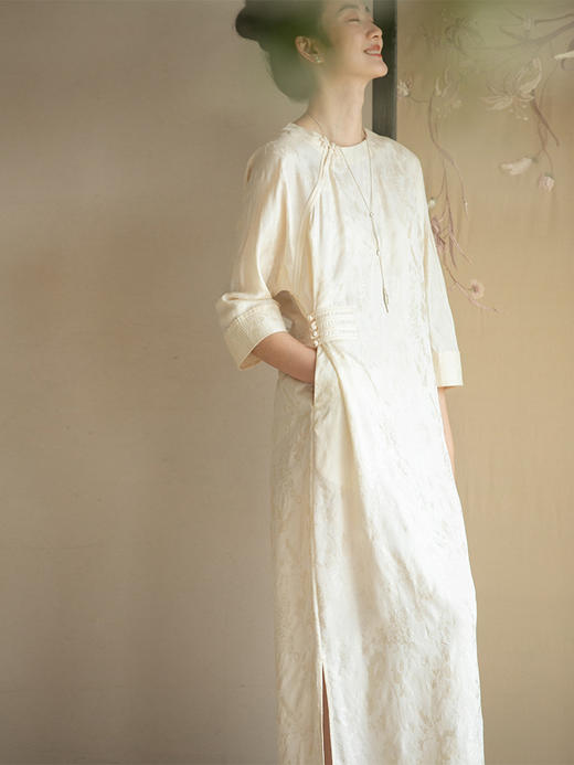 牧衣游原创 柞蚕丝混纺提花连衣裙女夏禅意古朴宽松气质长裙 溪外 商品图0