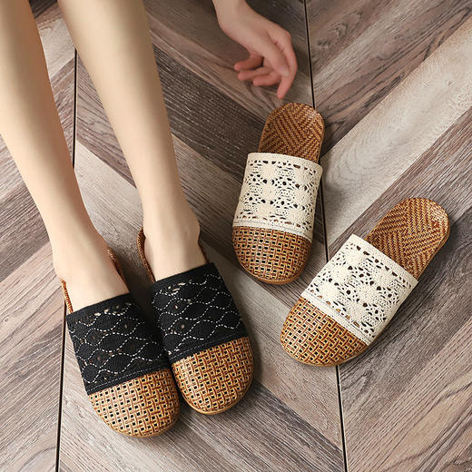 夏季包头藤草蕾丝编织凉拖鞋透气防滑藤编室内家居家亚麻拖鞋男女_HLY 商品图1