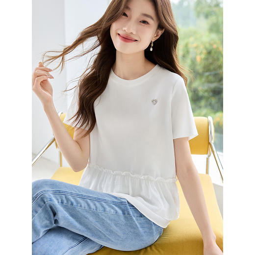 【五折购】熙世界荷叶边白色T恤设计感夏季休闲宽松圆领短袖正肩减龄上衣 商品图2