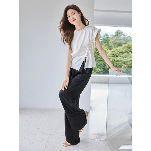 【专属特价】熙世界纯棉白色t恤24新款夏装不规则抽绳宽松显瘦小众别致上衣 商品图3