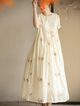 牧衣游原创 精棉匹绣连衣裙女夏新款纯棉轻薄温婉文艺长裙 九畹