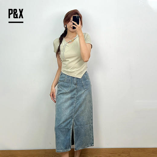 P&X设计师女装夏季显瘦H型开叉牛仔半身长裙 824207692 蓝色 商品图3