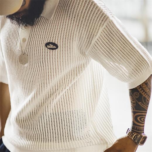 马登工装美式复古针织镂空短袖polo衫IVY半开襟翻领白色T恤男夏季 商品图0