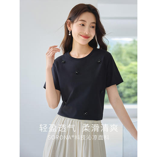 【专属特价】熙世重工立体珠片山茶花T恤短袖2025夏装新款宽松时尚气质上衣 商品图1