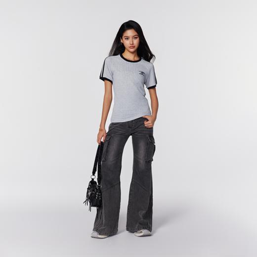 【A chock官方店】美式经典针织条纹拼接显瘦短袖街头甜辣女生t恤 商品图2