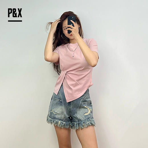 P&X设计师女装不规则纯色显瘦修身百搭短款T恤824202538B 粉色 商品图1