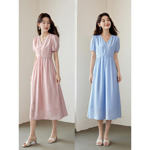 【专属特价】熙世界法式优雅泡泡袖V领连衣裙女2025新款夏季气质显瘦a字长裙 商品图4