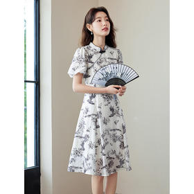 【专属特价】熙世界国风花卉水墨画旗袍裙2025夏季新款气质复古新中式连衣裙
