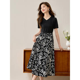 【专属特价】熙世界假两件短袖V领印花连衣裙收腰显瘦T恤裙子2025年夏天新款