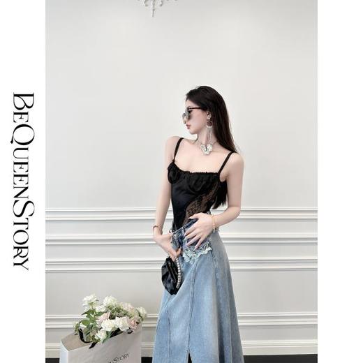 BeQueenStory【魅惑女王】黑色弹力蕾丝拼接缎面连裆小上衣 商品图2