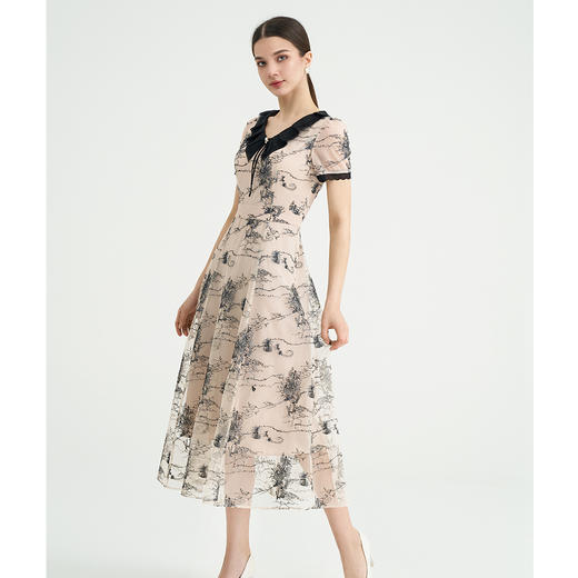 司歌v领网纱刺绣短袖收腰连衣裙A891464M 商品图1