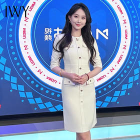 IWY/米白色气质名媛小香风连衣裙女圆领高级感修身七分袖主持人Q783