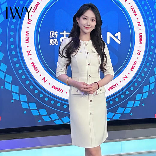 IWY/米白色气质名媛小香风连衣裙女圆领高级感修身七分袖主持人Q783 商品图0