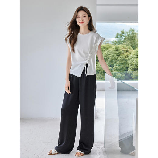 【专属特价】熙世界纯棉白色t恤24新款夏装不规则抽绳宽松显瘦小众别致上衣 商品图1