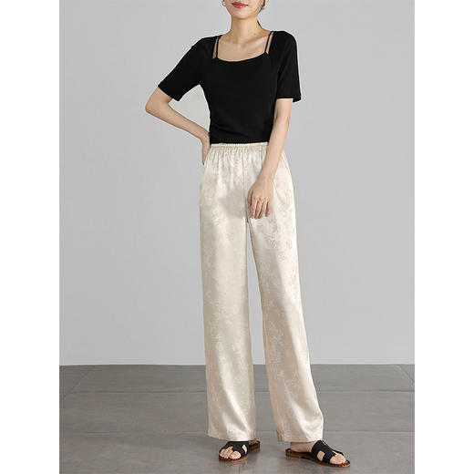 【专属特价】熙世界新中式国风提花阔腿裤夏薄款高腰宽松冰丝长裤缎面直筒裤 商品图3