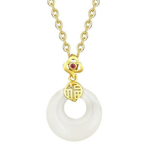 卡蒂罗/KADER 福气平安扣 925银和田玉吉祥如意福牌新中式国潮设计锁骨链 好运平安锁 女神 520 礼物礼盒款 商品图0