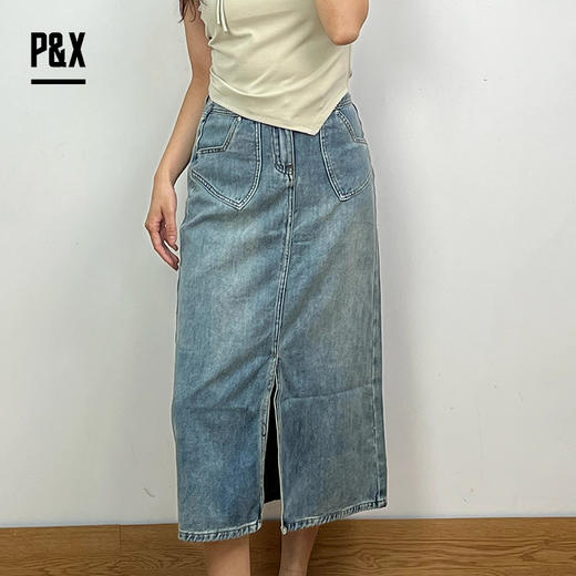P&X设计师女装夏季显瘦H型开叉牛仔半身长裙 824207692 蓝色 商品图0