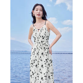 【专属特价】熙世界水墨碎花吊带连衣裙新款夏季收腰又甜又辣裙子雪纺度假裙