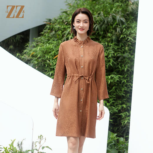 佐尔美夏季新款 国风气质龟裂纹松紧腰桑蚕丝中长连衣裙女E22LS24 商品图3