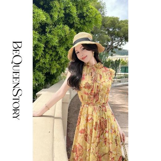 BeQueenStory【敦煌绝恋】轻盈透气夏日荷叶V领小飘袖宽松连衣裙 商品图4