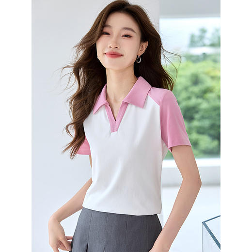 【专属特价】熙世界运动风撞色POLO衫女2025夏新款休闲翻领短袖t恤凉感上衣 商品图0