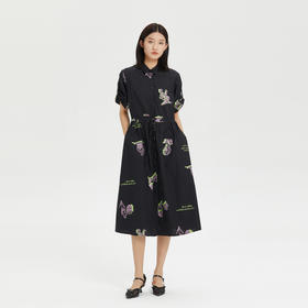 谜底绣花连衣裙短袖女2023夏新款翻领衬衫式收腰中长裙236ML7102