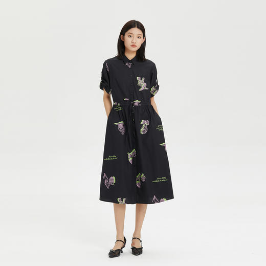 谜底绣花连衣裙短袖女2023夏新款翻领衬衫式收腰中长裙236ML7102 商品图0