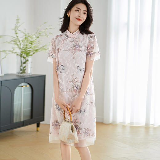 剩S/M 米思阳【新中式旗袍】2025夏季中国风蕾丝印花裙显瘦连衣裙2231 商品图0