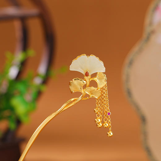 S925纯银镀金和田玉南红气质银杏叶流苏发簪古风银簪CW 商品图1