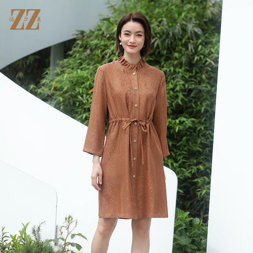 佐尔美夏季新款 国风气质龟裂纹松紧腰桑蚕丝中长连衣裙女E22LS24 商品图2