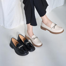 Safiya/索菲娅2024春英伦风亮面漆皮水钻扣一脚蹬粗跟乐福鞋 SF41112410