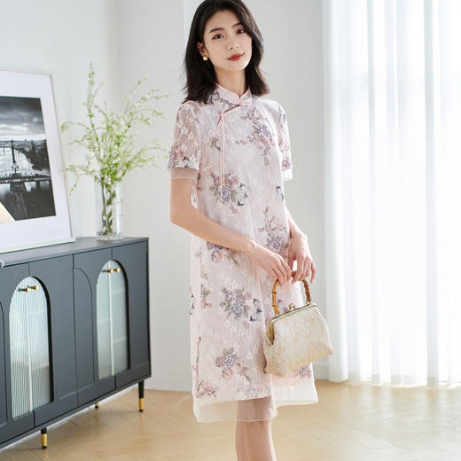 剩S/M 米思阳【新中式旗袍】2025夏季中国风蕾丝印花裙显瘦连衣裙2231 商品图3