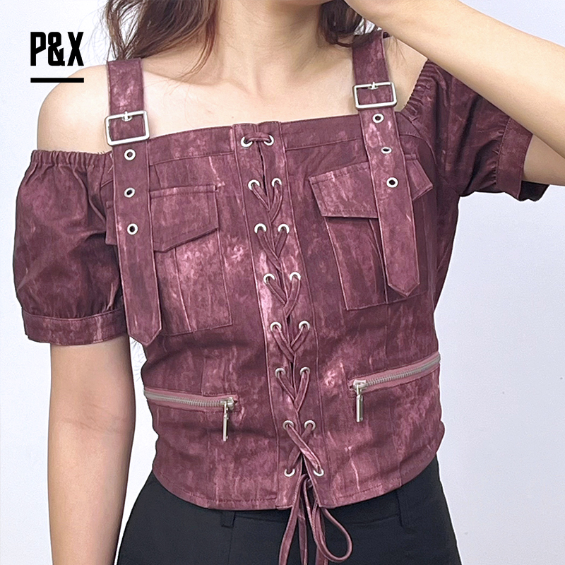 P&X设计师女装显瘦短款复古法式泡泡袖修身小衫824228185 红色