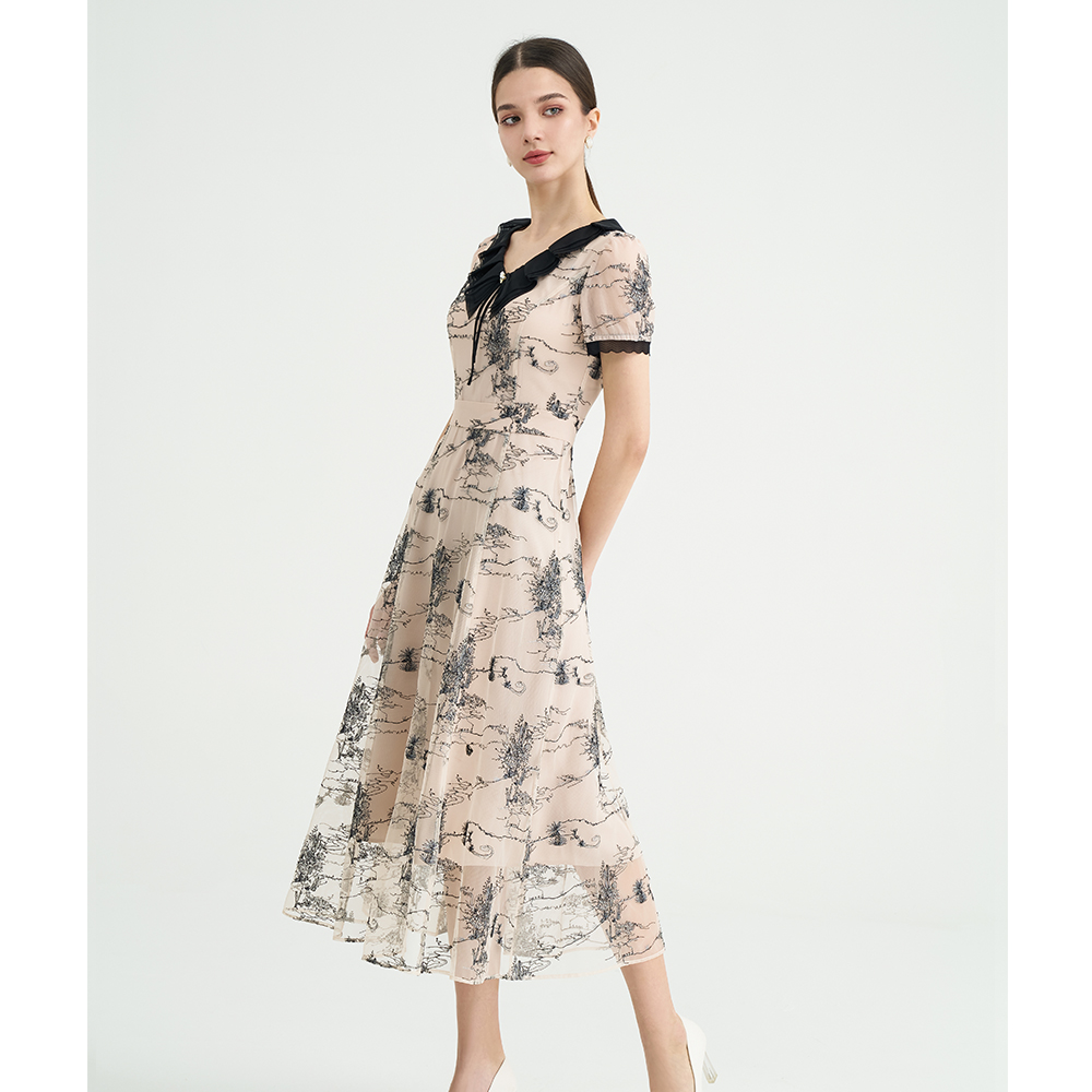 司歌v领网纱刺绣短袖收腰连衣裙A891464M