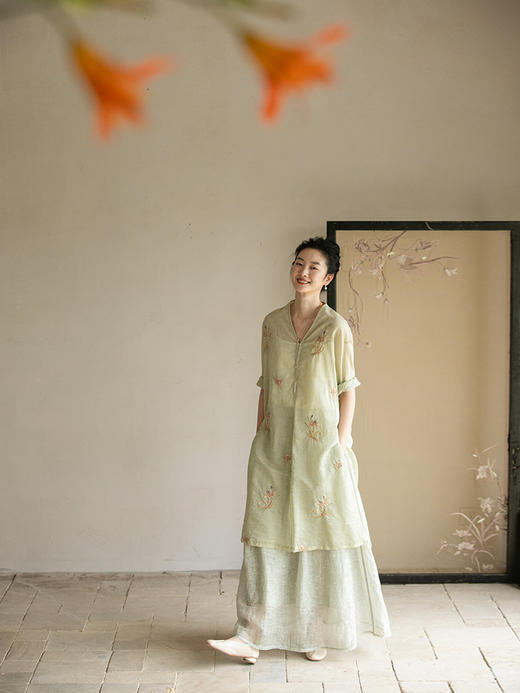 牧衣游原创 丝棉刺绣衬衫女夏新款素雅文艺宽松中长款上衣 寻墨 商品图1