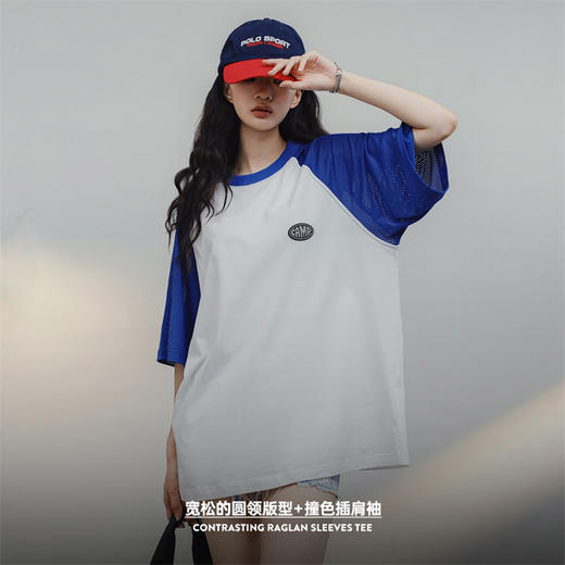 马登撞色插肩短袖针织纯棉T恤圆领宽松落肩上衣oversize夏港风女 商品图4