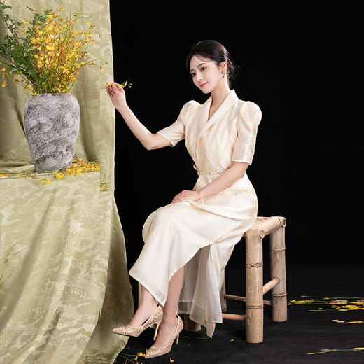 荷言GL 闻笛赋 夏季轻奢显瘦气质长款旗袍裙曲水云鹤纹提花 商品图2