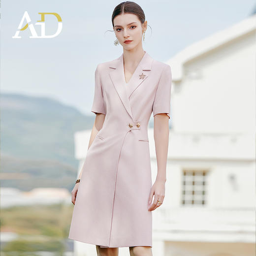 AD夏日清新粉色连衣裙女高端显白收腰西装裙播音艺考主持人上镜装 商品图0