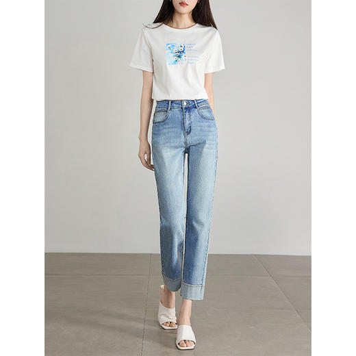 【五折购】熙世界卷边九分牛仔裤夏季薄款2025年新款高腰烟管法棍直筒裤子 商品图3