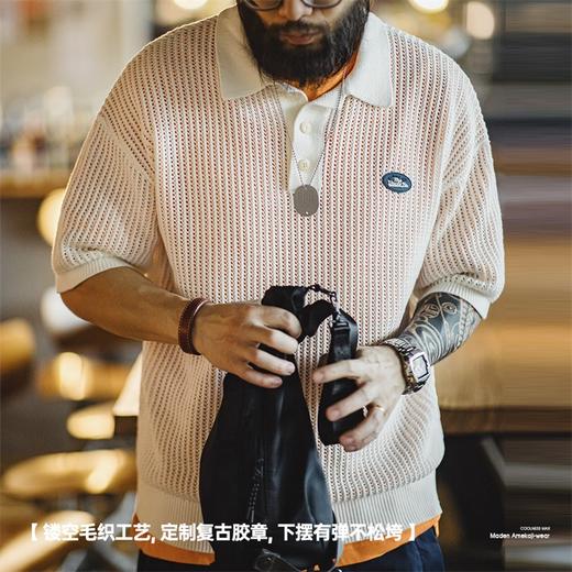 马登工装美式复古针织镂空短袖polo衫IVY半开襟翻领白色T恤男夏季 商品图2