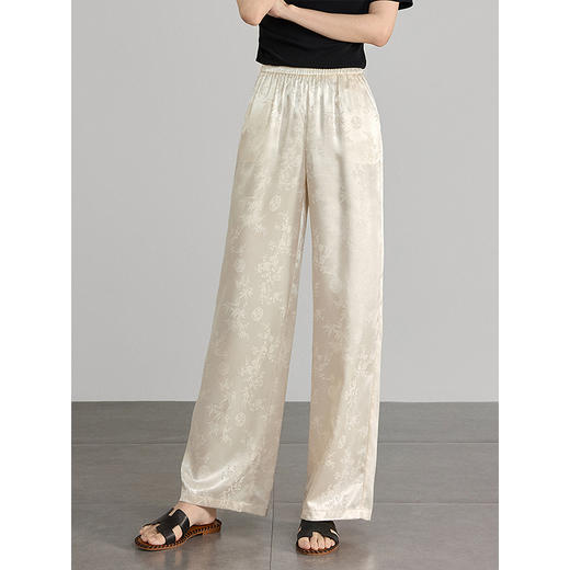 【专属特价】熙世界新中式国风提花阔腿裤夏薄款高腰宽松冰丝长裤缎面直筒裤 商品图0