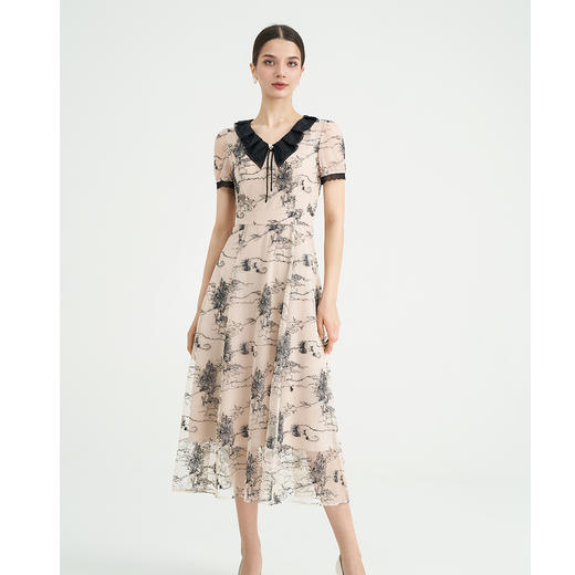 司歌v领网纱刺绣短袖收腰连衣裙A891464M 商品图3