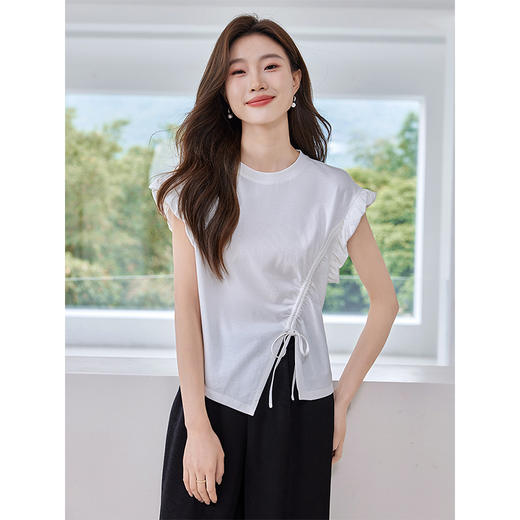 【专属特价】熙世界纯棉白色t恤24新款夏装不规则抽绳宽松显瘦小众别致上衣 商品图0