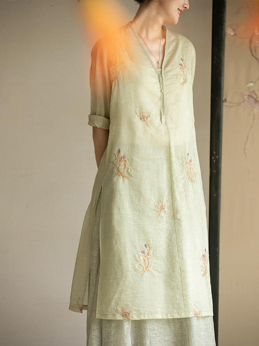 牧衣游原创 丝棉刺绣衬衫女夏新款素雅文艺宽松中长款上衣 寻墨 商品图3